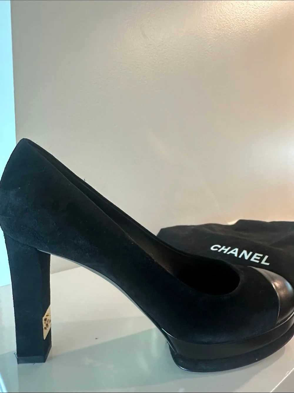 CHANEL Black Suede Cap-Toe Block Heel Pumps